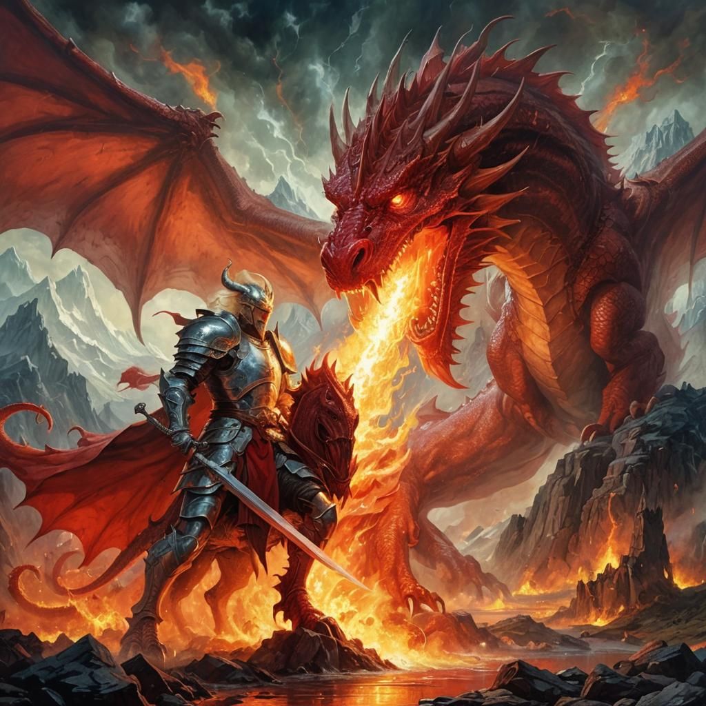Red Dragon's Fiery Breath in Classic Fantasy Art