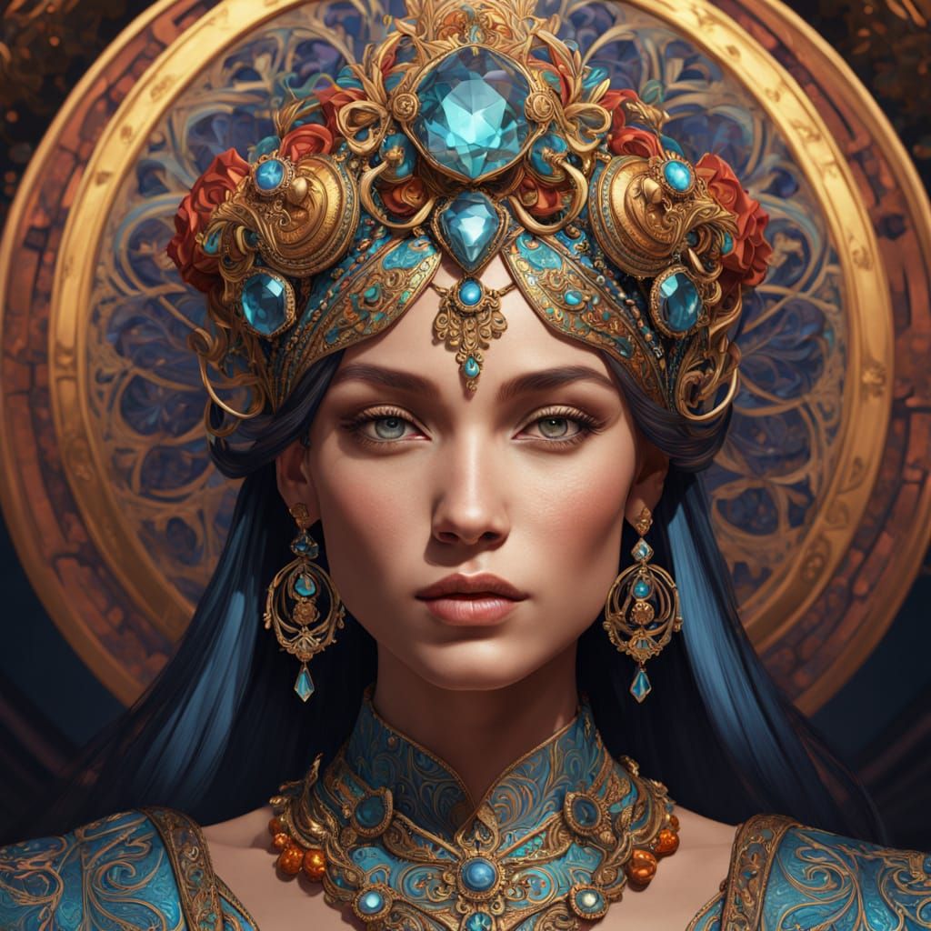 Confident Queen in Opulent Headpiece and Fashionable Attire