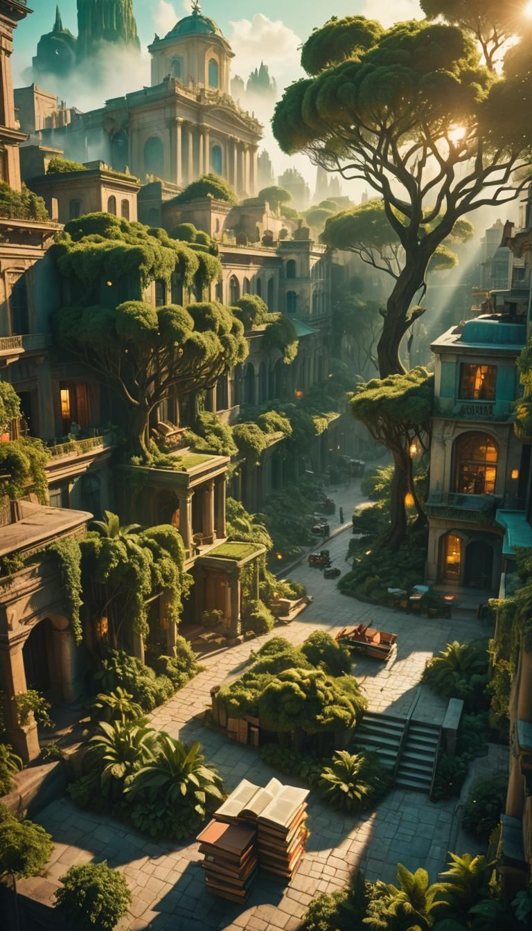 Surreal City Square Dominated by Nature and Books