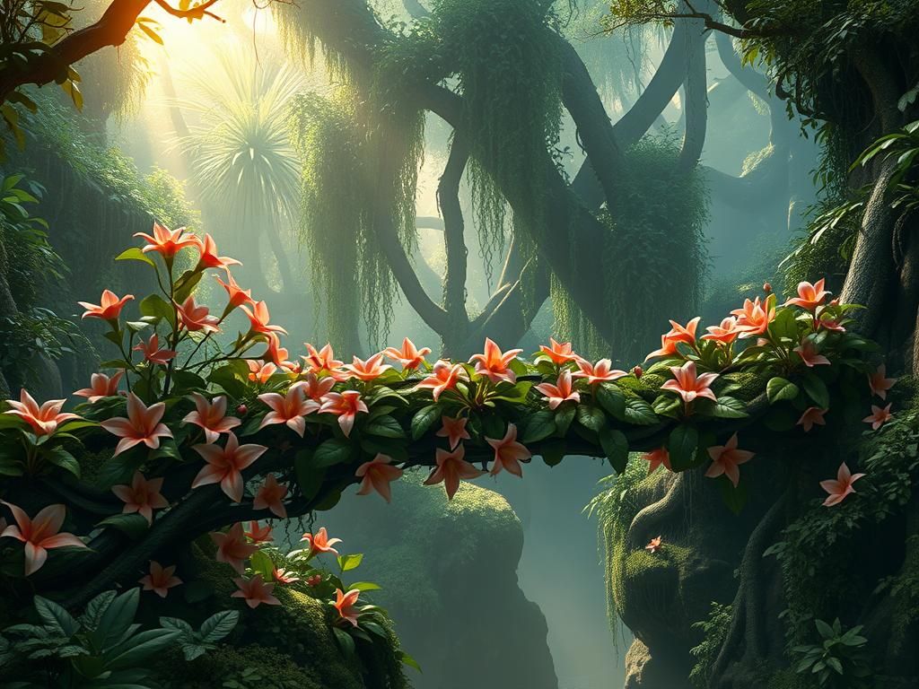 Lush Vine and Flower Bridge in Overgrown Forest