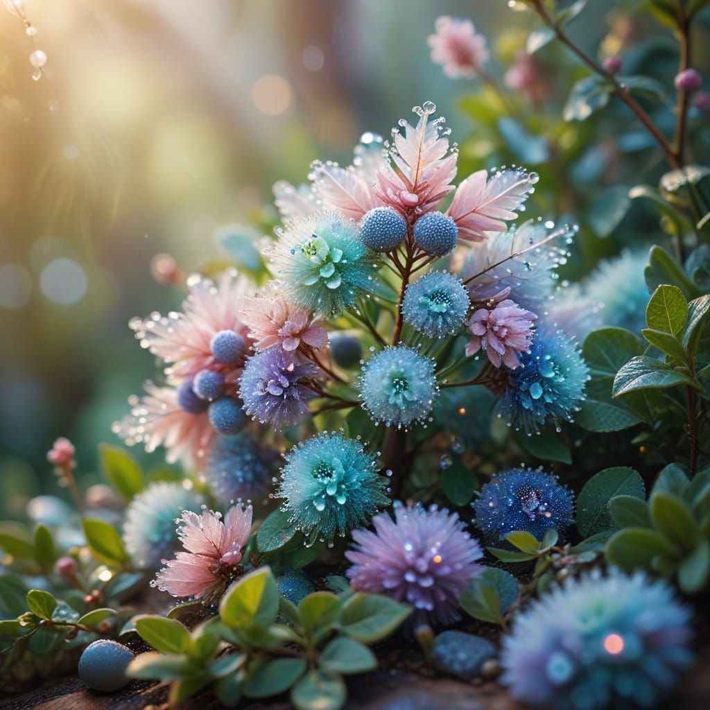 Whimsical Botanical Illustration with Iridescent Stones and ...