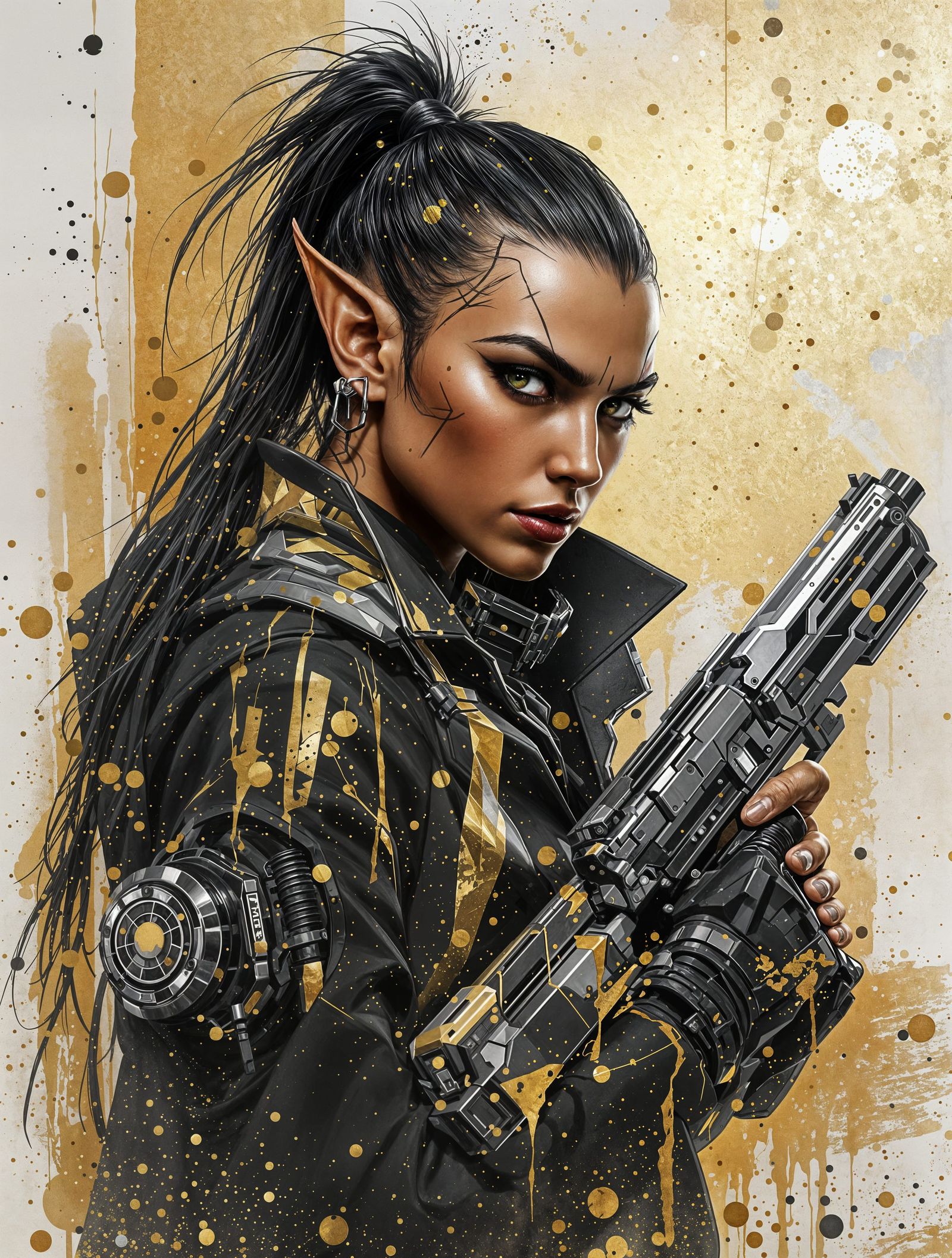 Cyberpunk Elf Operative in Metallic Gold Splatter