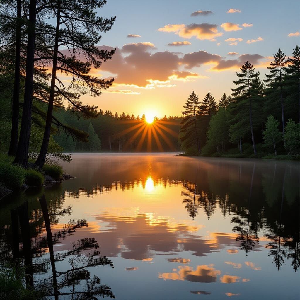 Peaceful Lake Reflecting Majestic Trees at Sunset