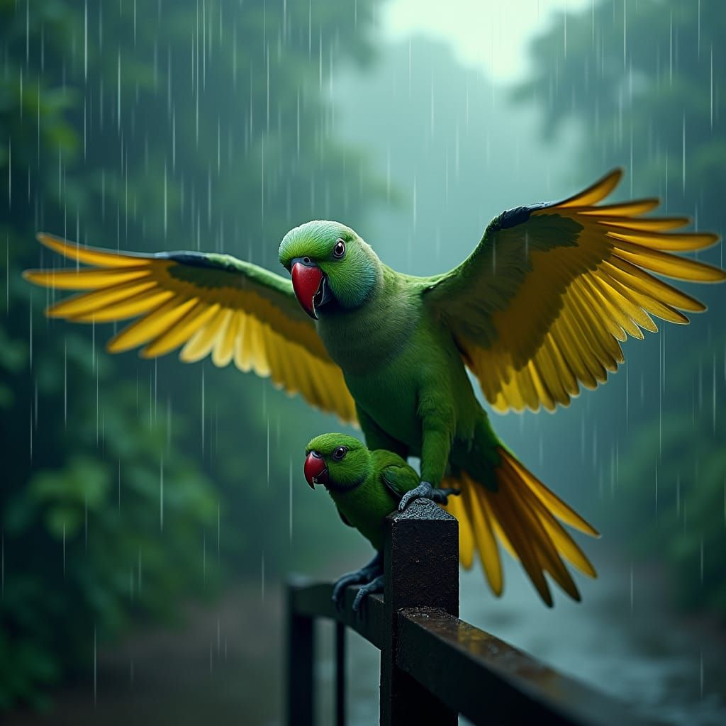 Mother Parrot Protecting Babies in Torrential Rain