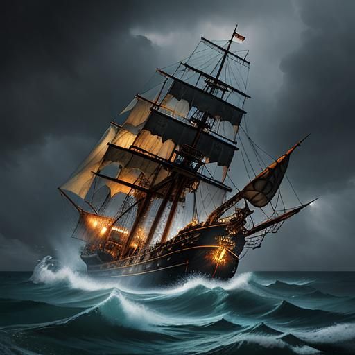 Pirate Ship in Lightning Storm: Hyperrealistic Seascape