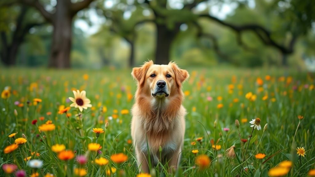 Serene Dog in a Lush Green Meadow with Vibrant Wildflowers