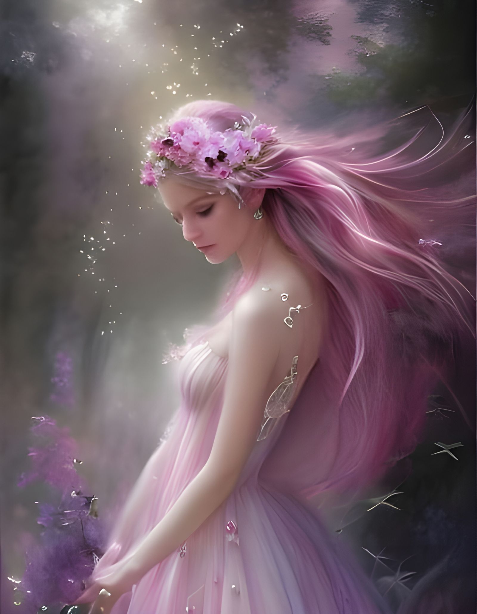 Beautiful Pink Fairy with Flower Crown, Splash Art