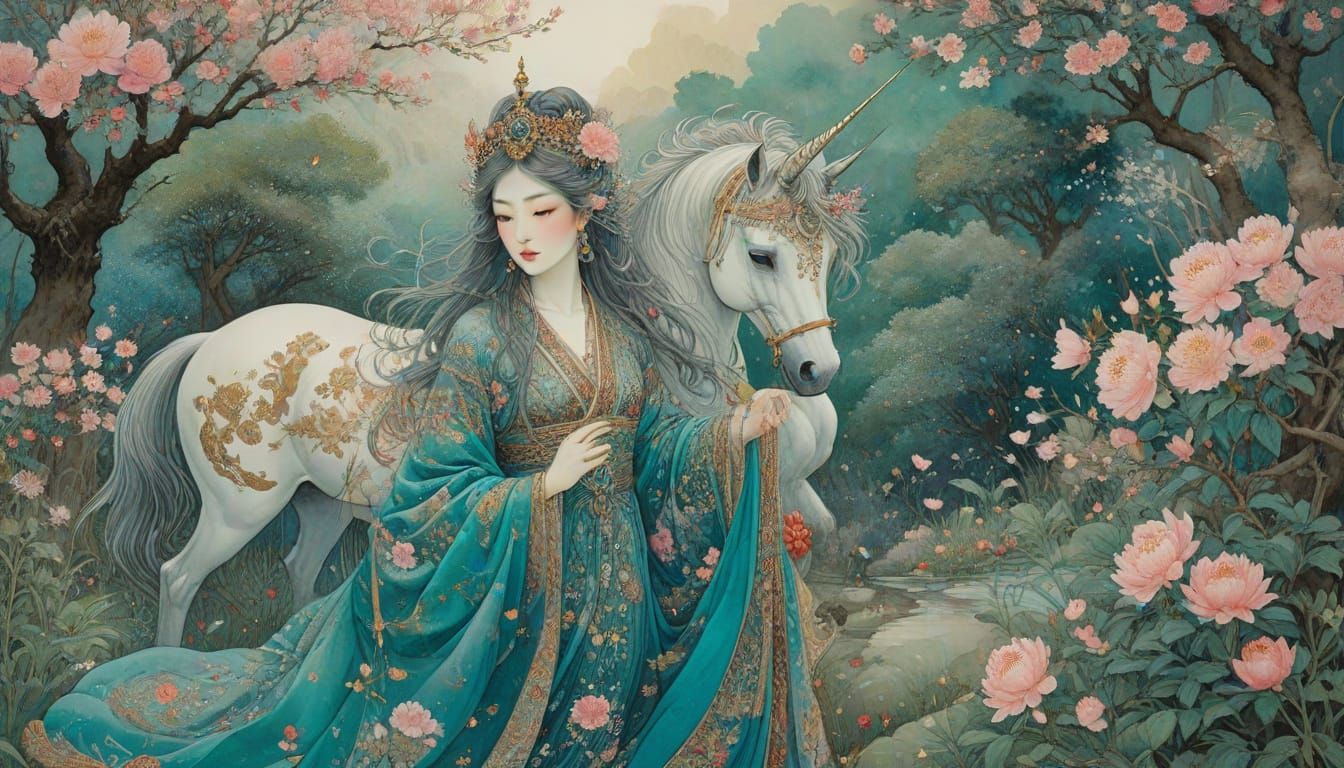 Mystical Qajar Princess with Turquoise Unicorn in Lush Garde...