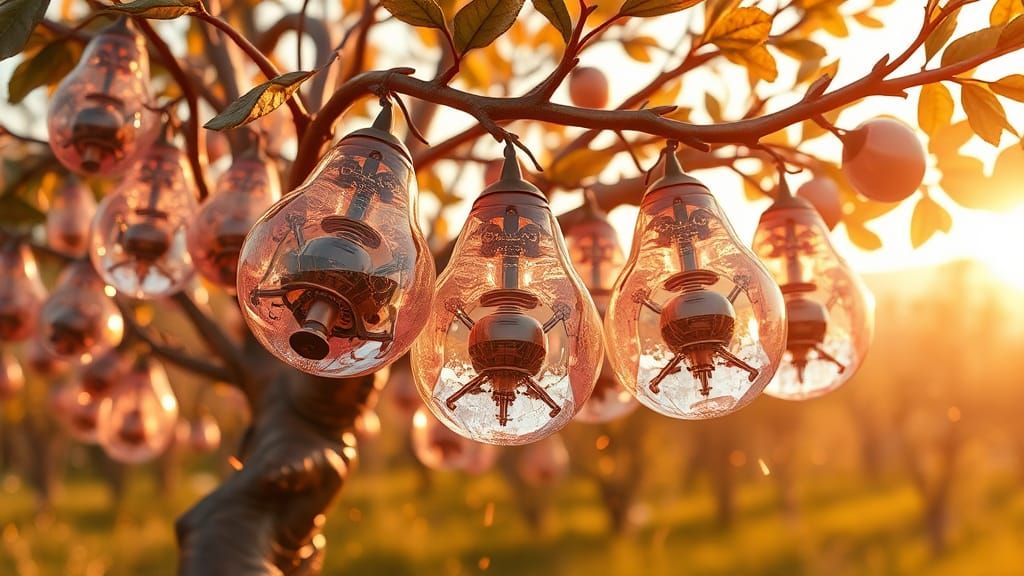 Mechanical Tree with Crystal Fruit in Orchard