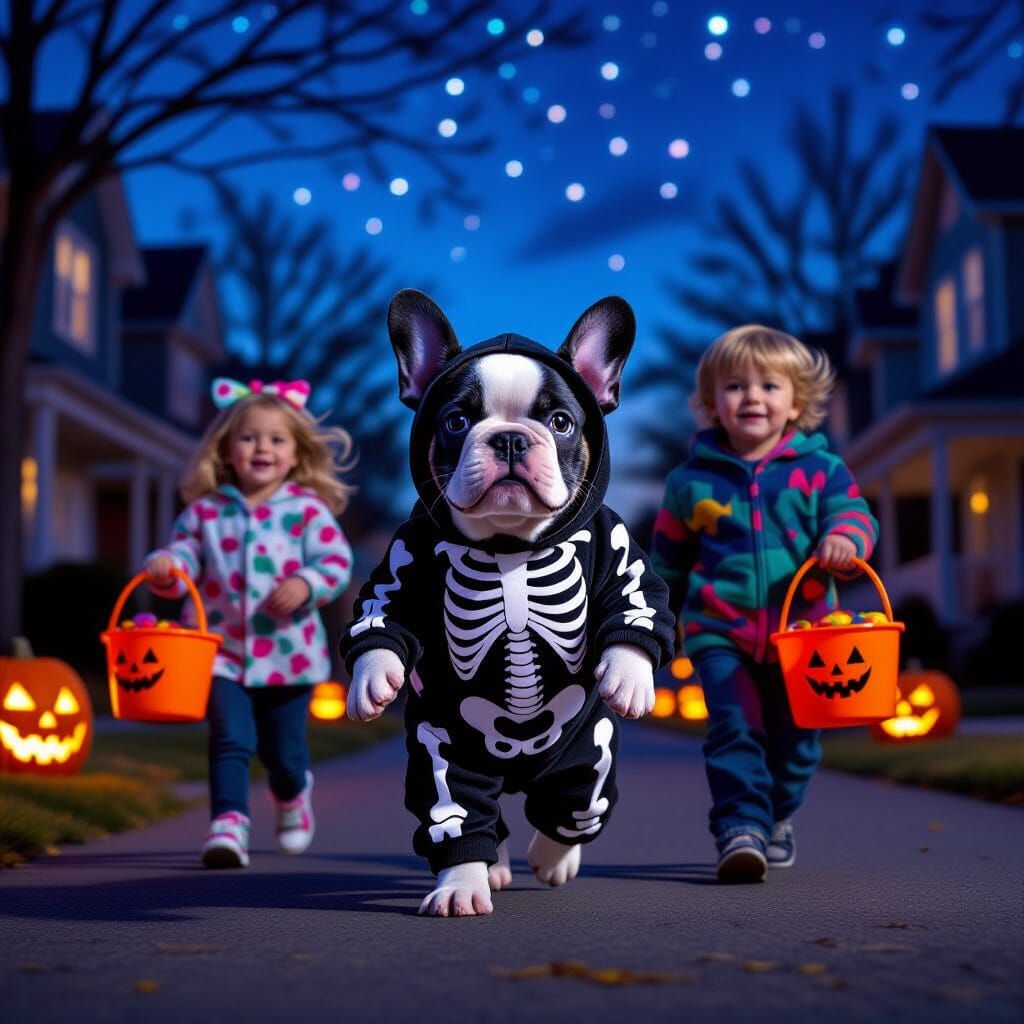 French Bulldog in Skeleton Costume Trick-or-Treating