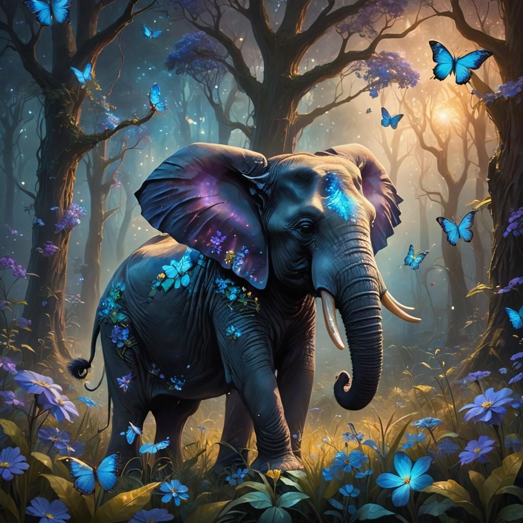 Elephant with Glowing Flowers in Fantasy Forest