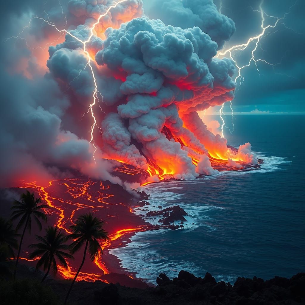 Volcanic Dawn: Crimson Inferno Meets Pacific Blue