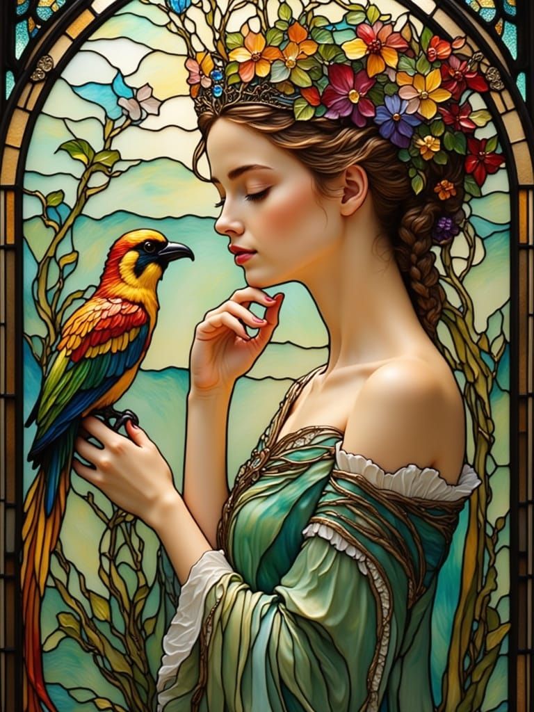 Art Nouveau Stained Glass Portrait of Serene Woman