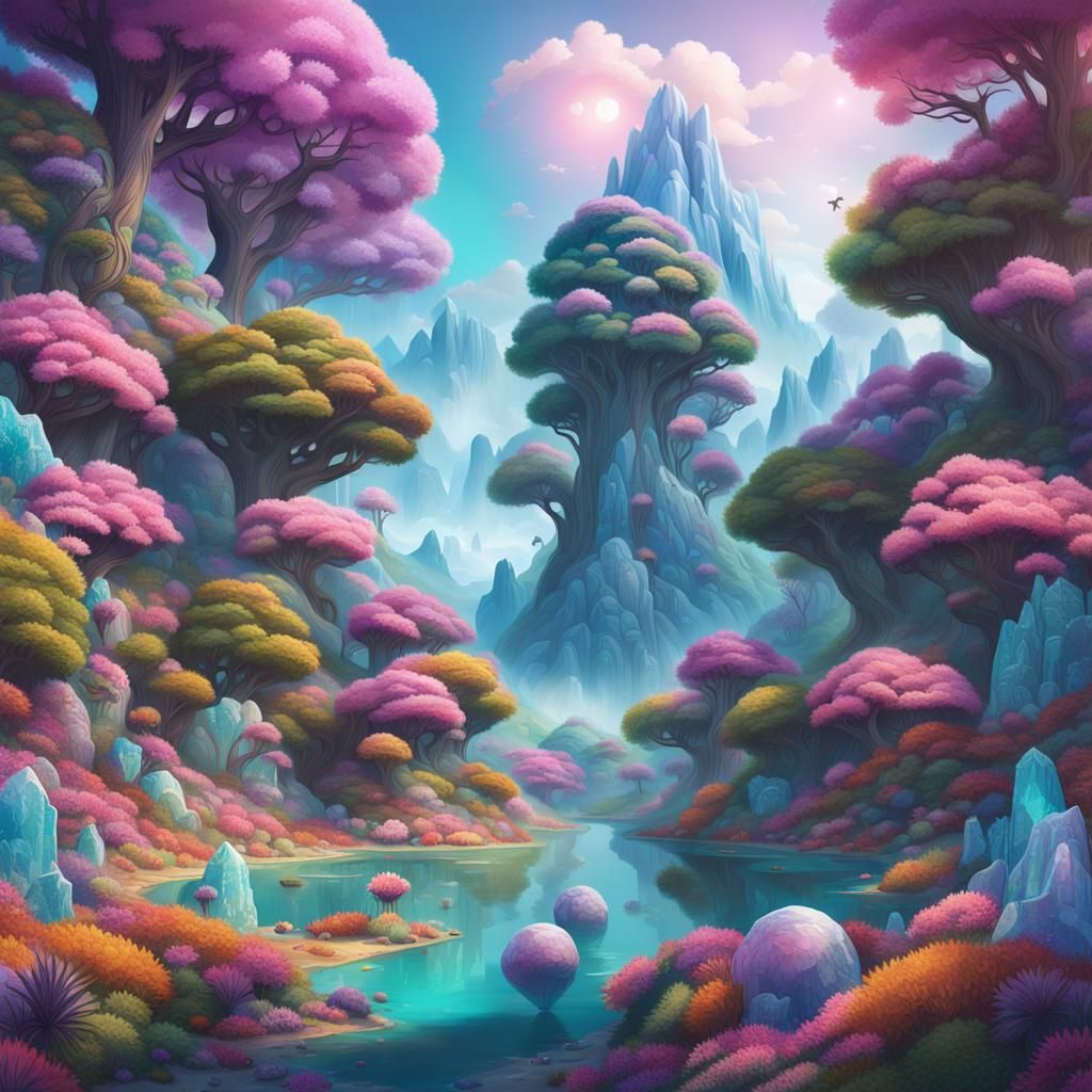 Surreal Candyland: Azure Sea and Crystal Mountains