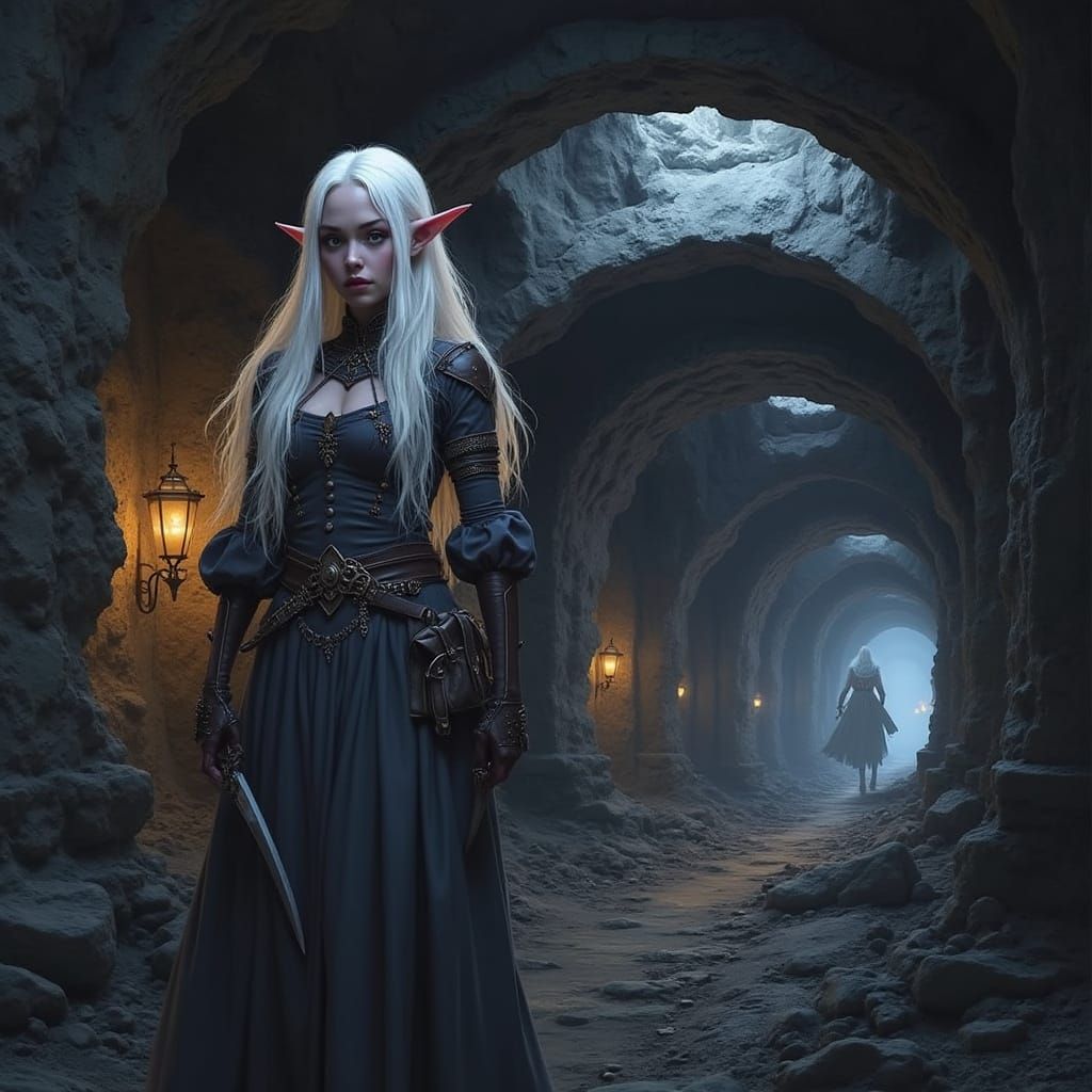 Epic Elf Maiden Searches Underground City in Cinematic Style