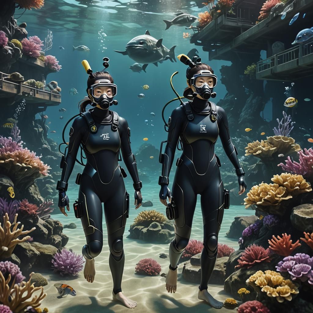 Japanese Women Scuba Diving: Detailed Digital Painting