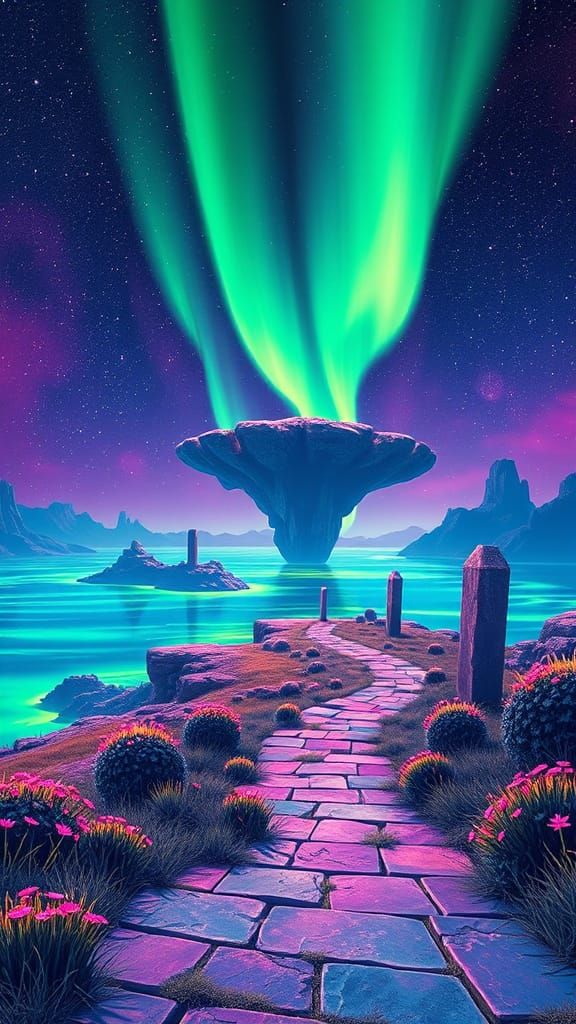 Synthwave Landscape with Floating Islands and Aurora