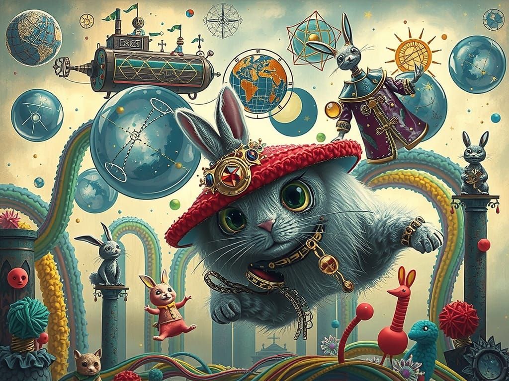 Whimsical Steampunk Wonderland with Rainbow-Hued Filaments a...