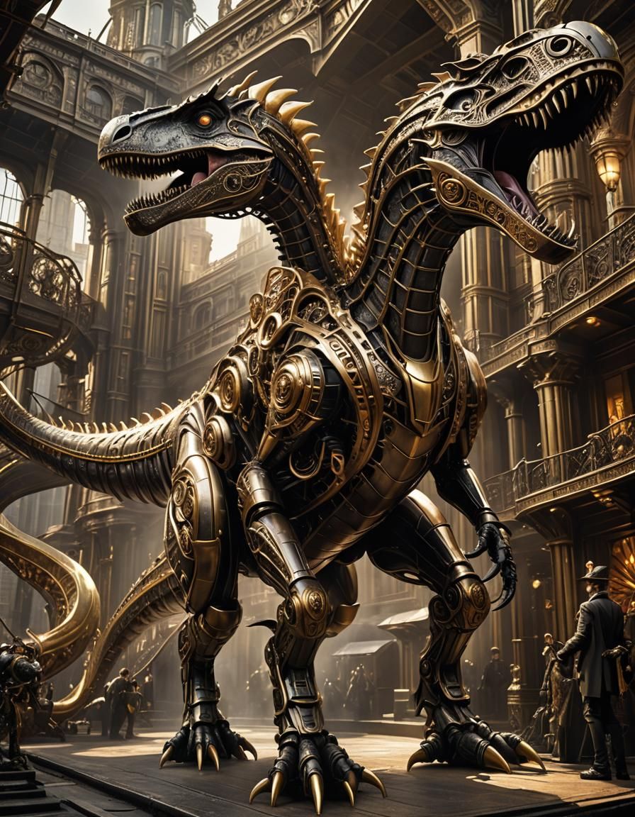 Dieselpunk Rococo Futurism: Guided Dinosaur in Luxurious Met...