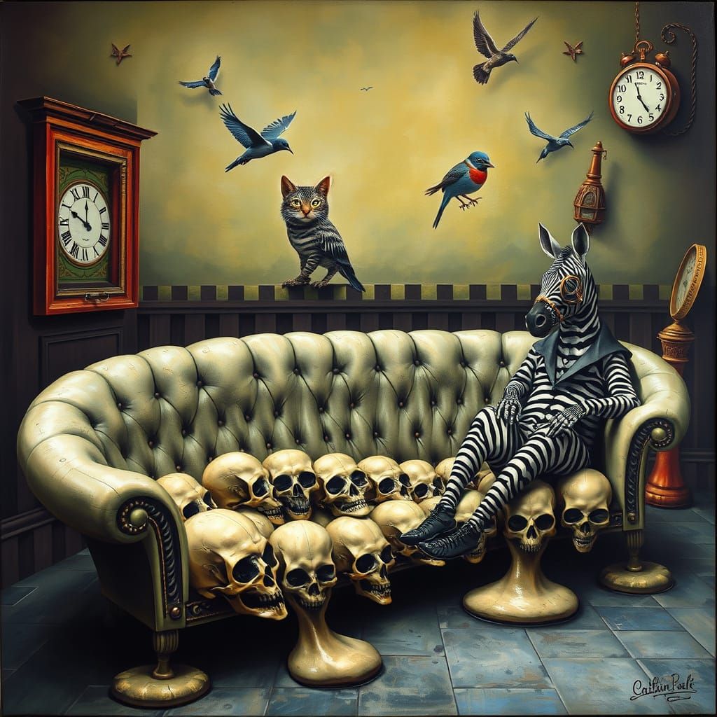 Monocled Zebra on Curvy Skull Sofa: Surrealist Art