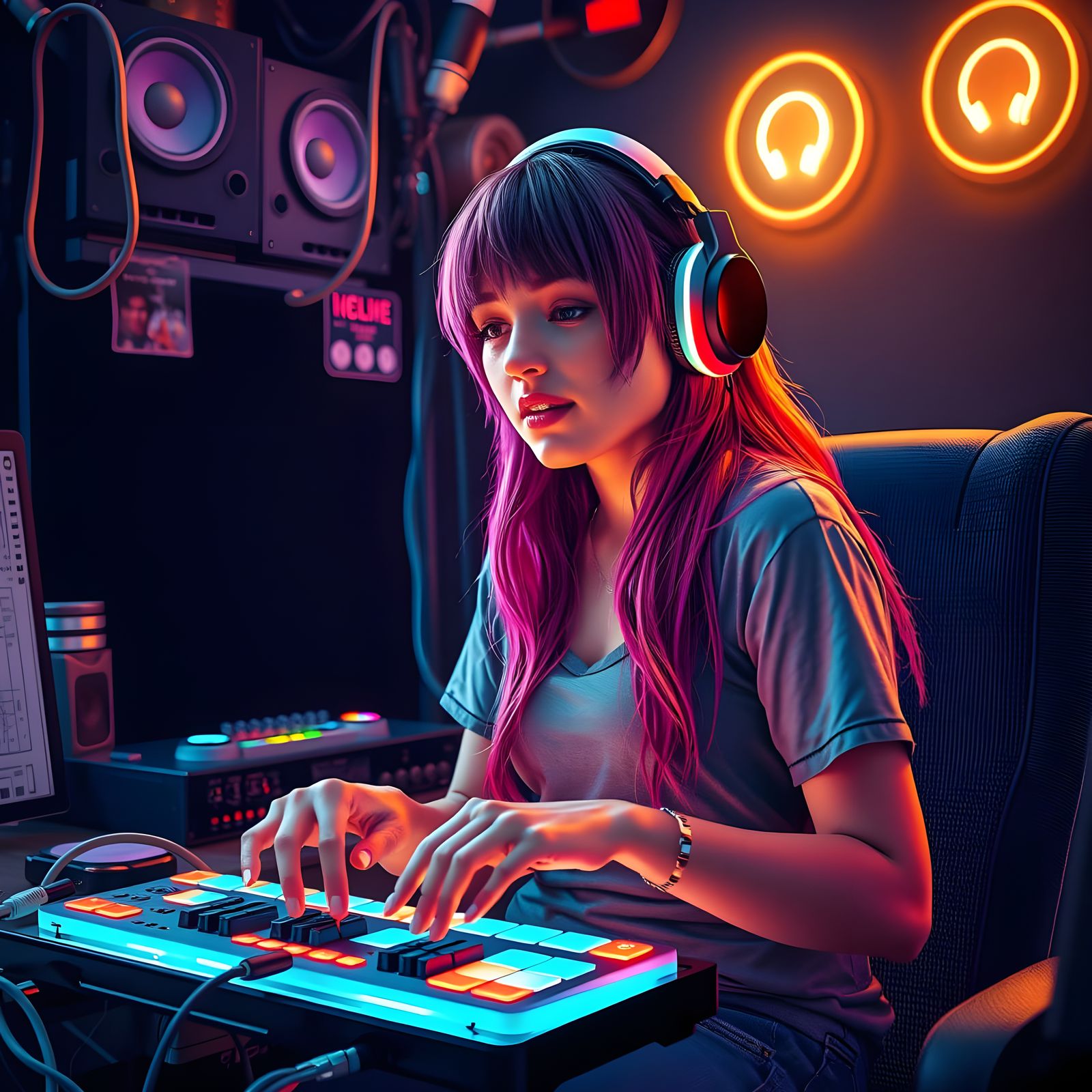 Futuristic AI Musician Hypnotized in Neon Dreamscape