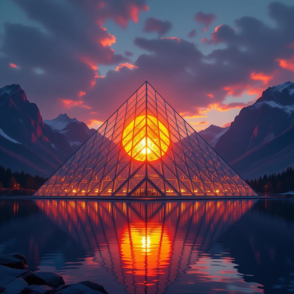 Mosaic Pyramid Illuminated by an Orange Sun