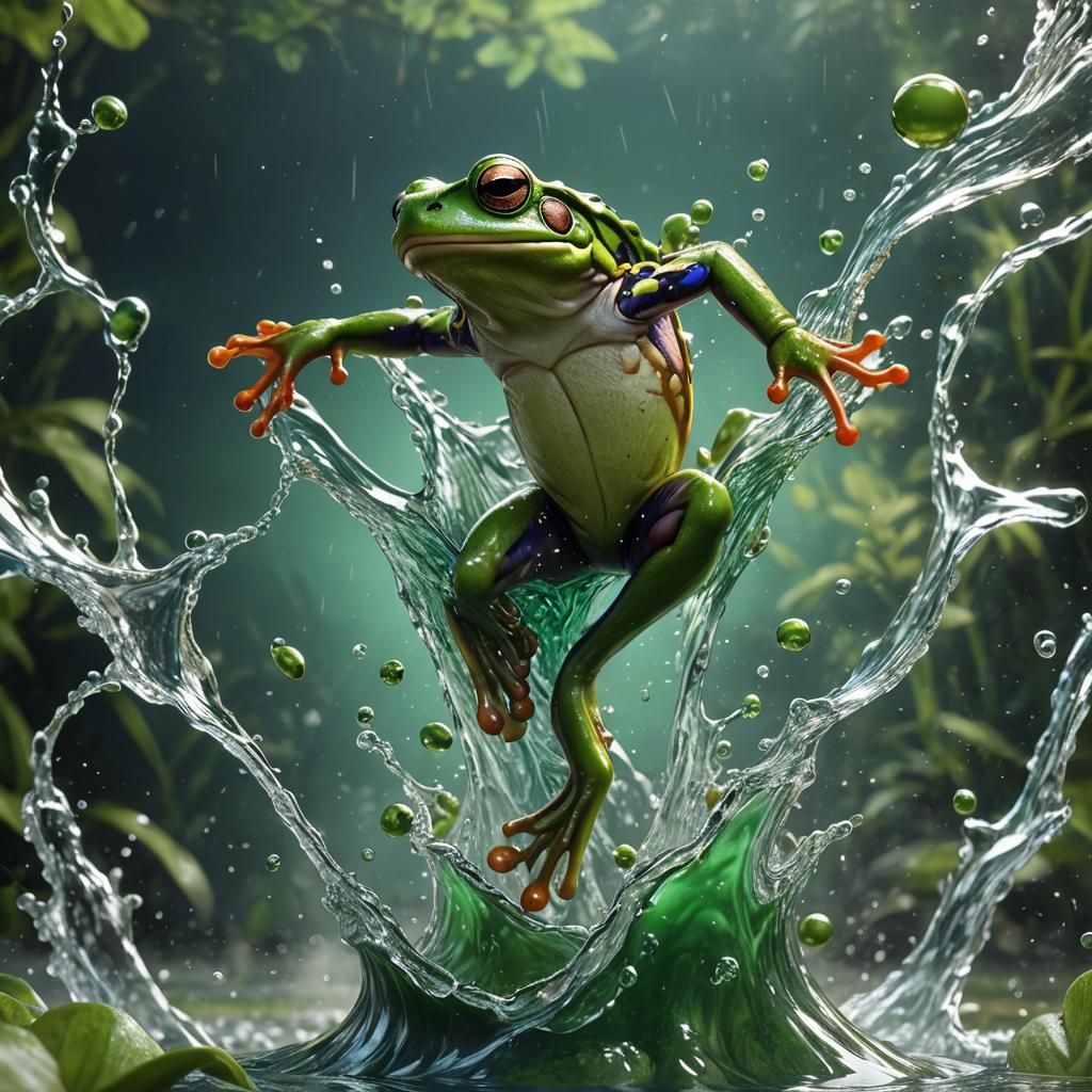 Green Frog Splash: Detailed Fantasy Art
