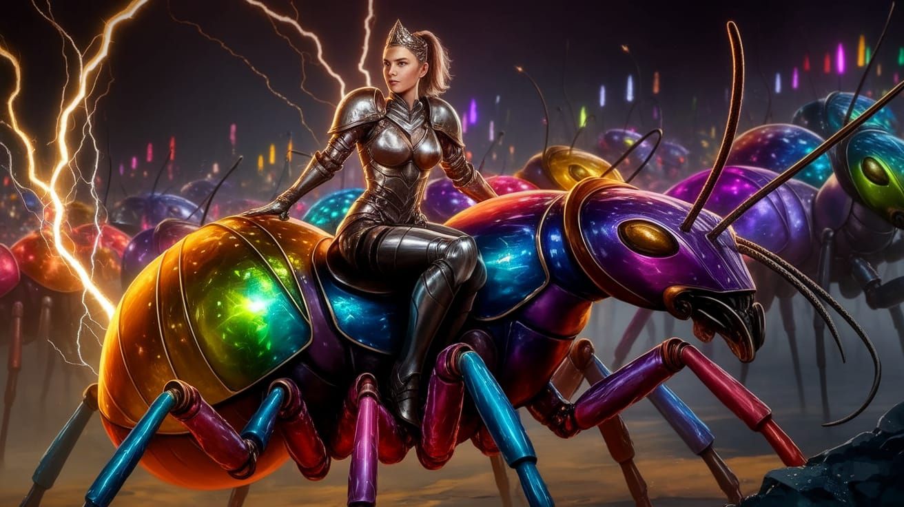 A warrior princess clad in gleaming armor sits regally atop an enormous ant.