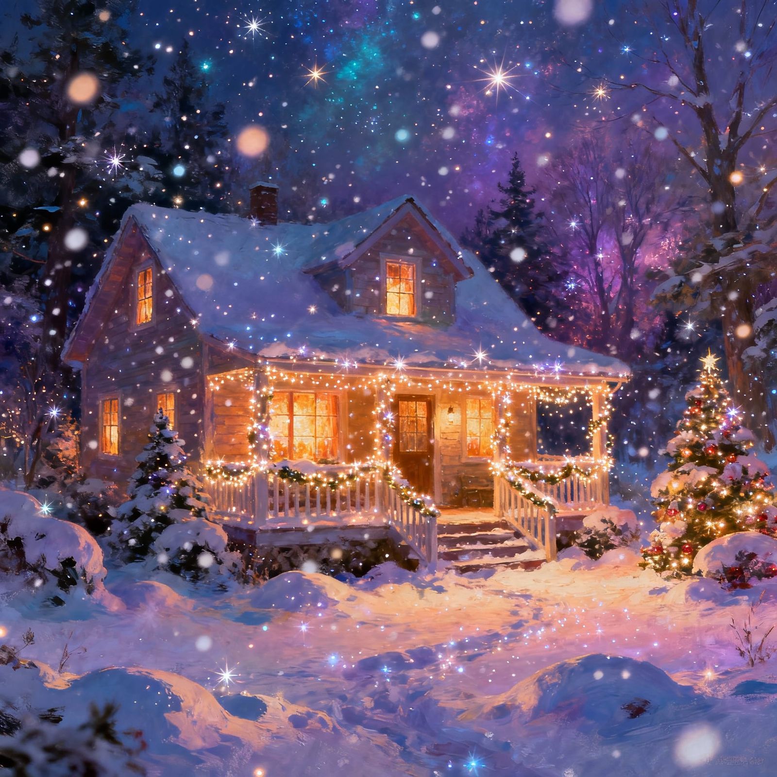 Magical Winter Cabin Scene in Matte Painting Style