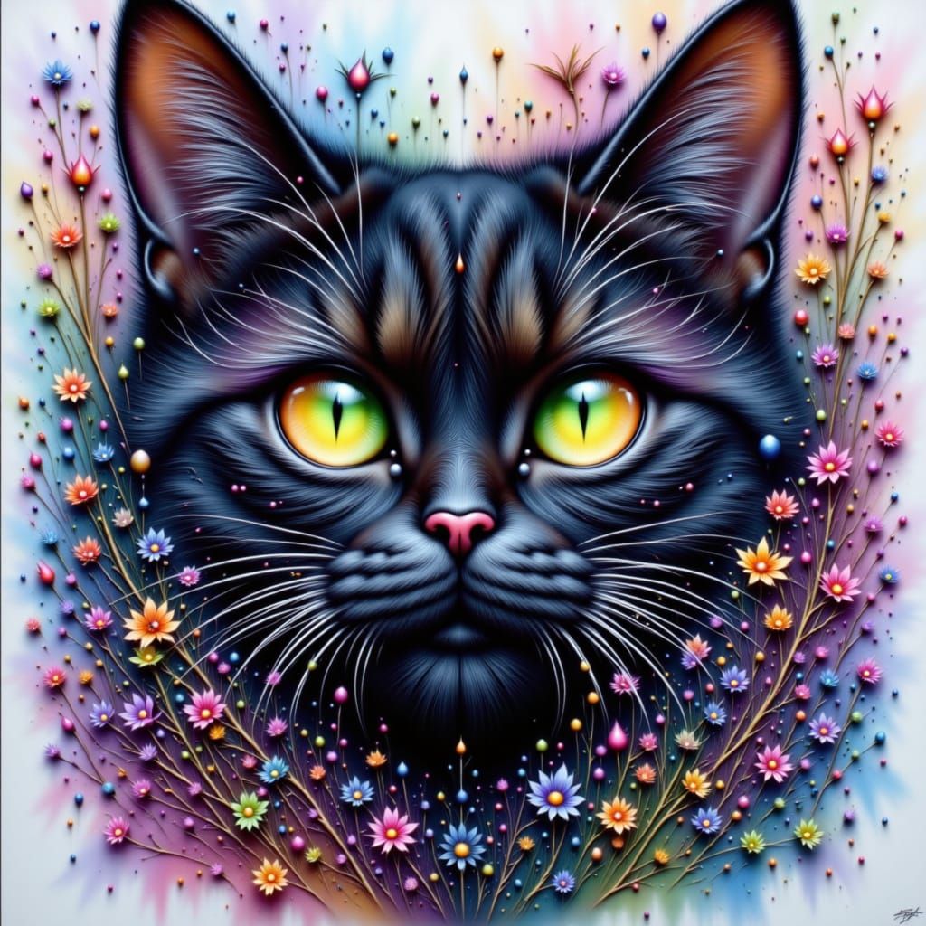 Macro Close-up of a Black Cat with Green Eyes