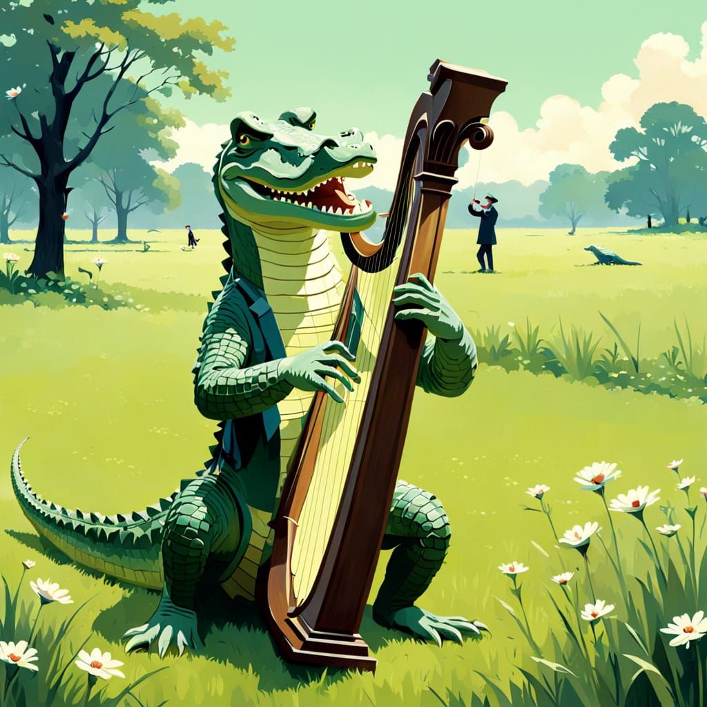 Crocodile Harpist in Vettriano Style with Mint Palette