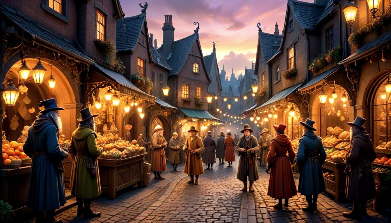 Vibrant High Fantasy Market Scene at Dusk