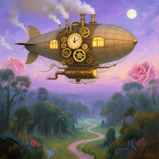 Majestic Clockwork Airship Over Enchanted Forest at Twilight