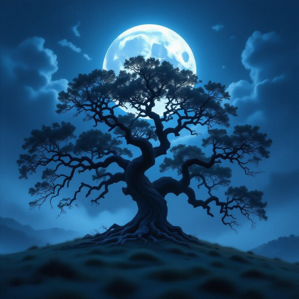 Ancient Oak on Windswept Hill Under Moonlit Sky