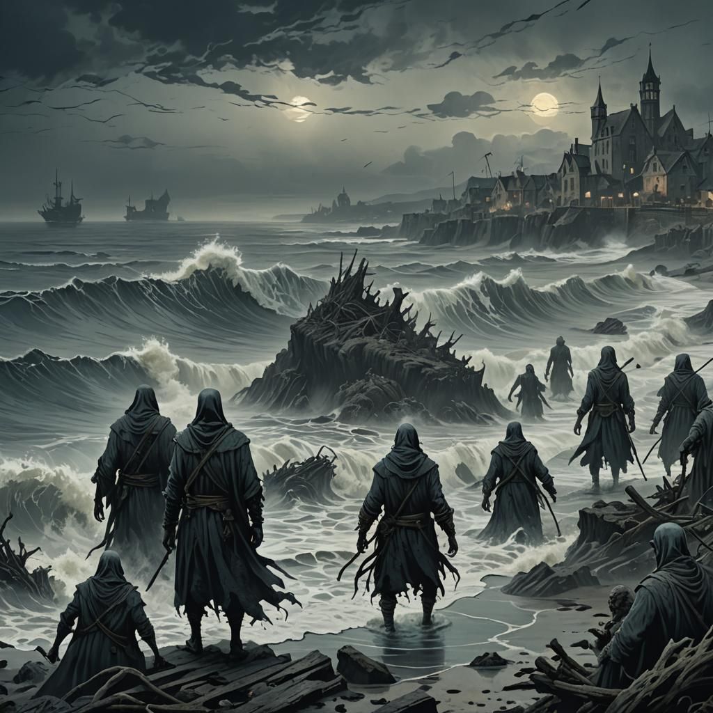 Undead Figures Rise from the Sea: Dark Fantasy Art