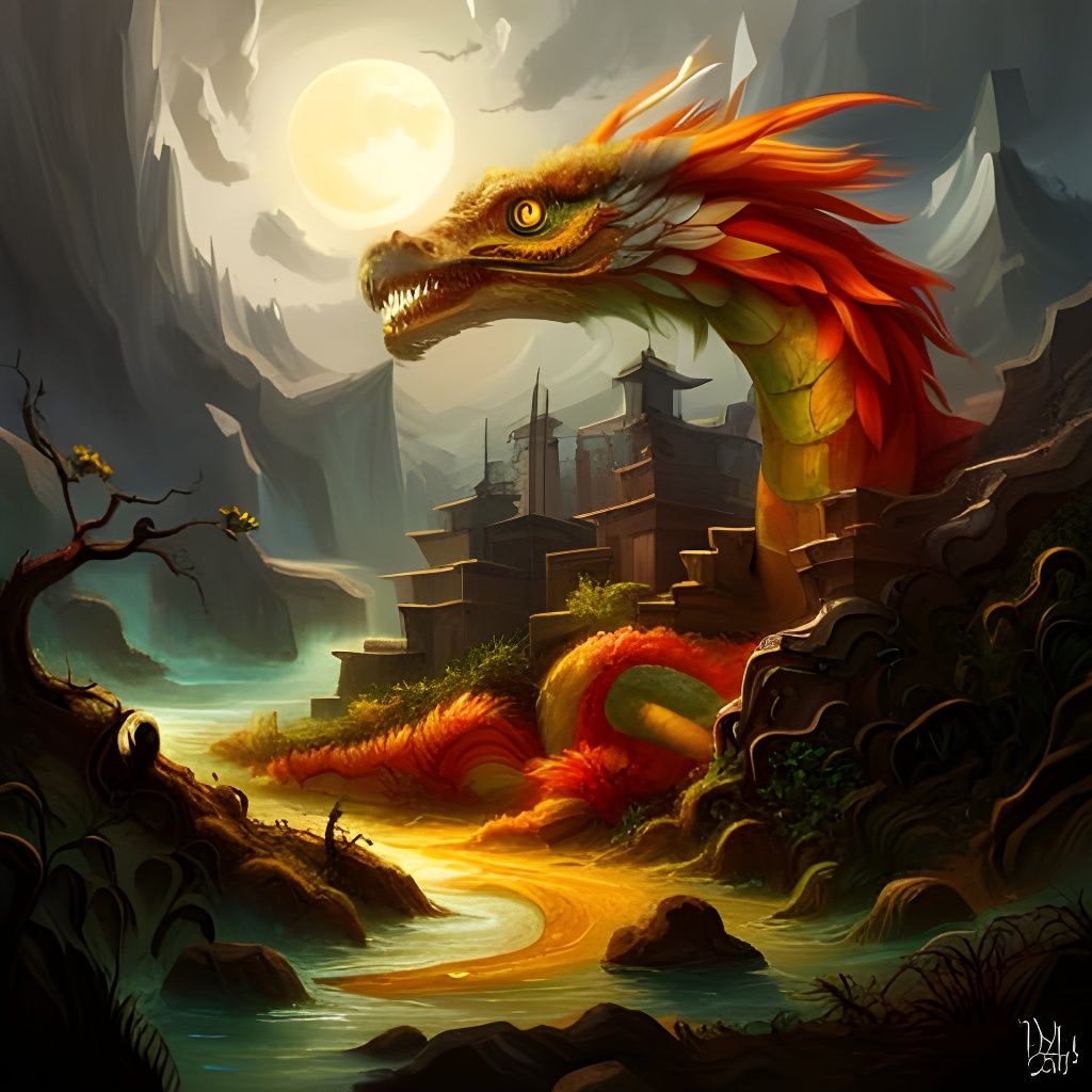 Quetzalcoatl Dragon in Moonlit Swamp: Fantasy Art