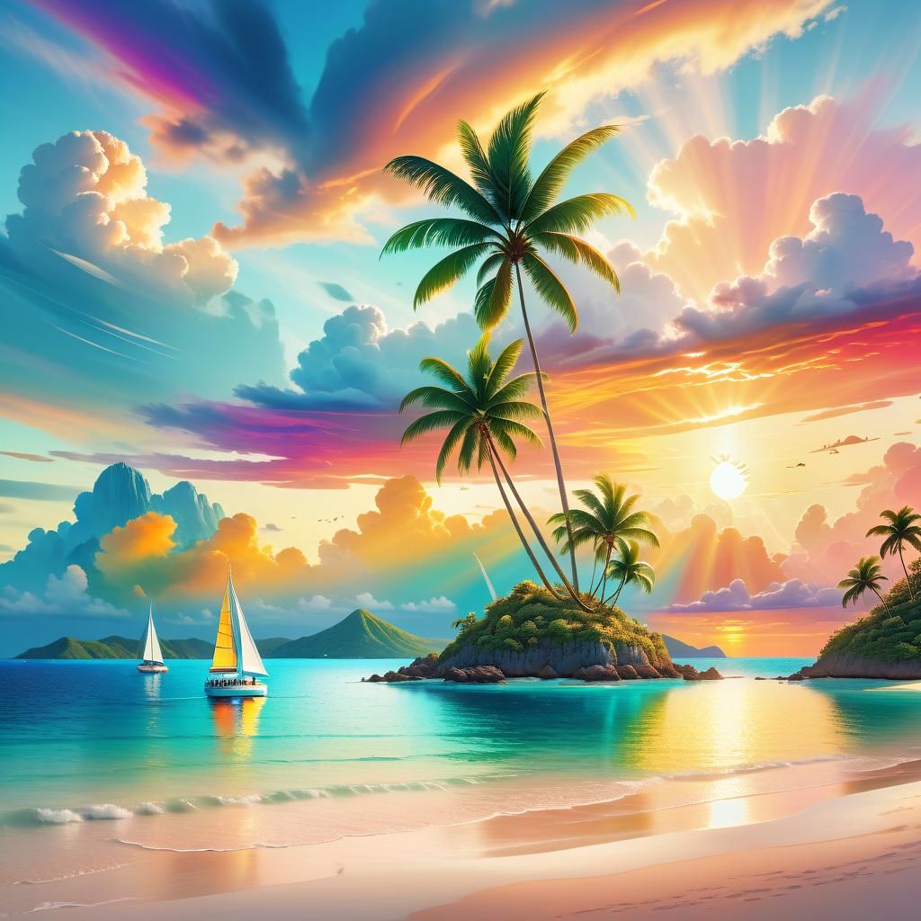 Tropical Island Sunset Seascape in Pastel Colors