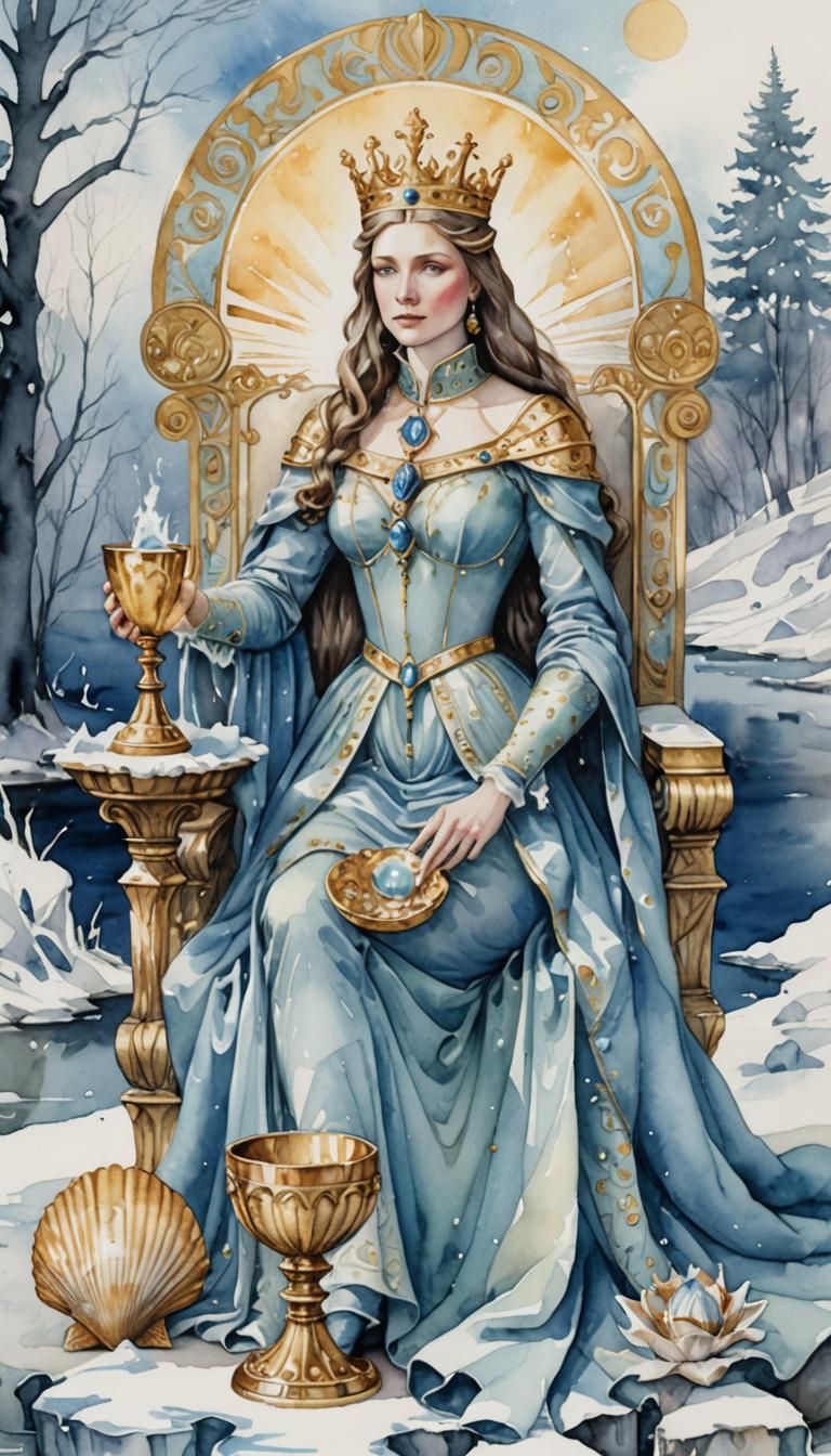Elegant Queen on Shell Throne Watercolor Painting
