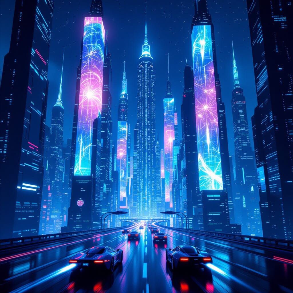 Futuristic Cityscape with Holograms and Flying Cars at Night