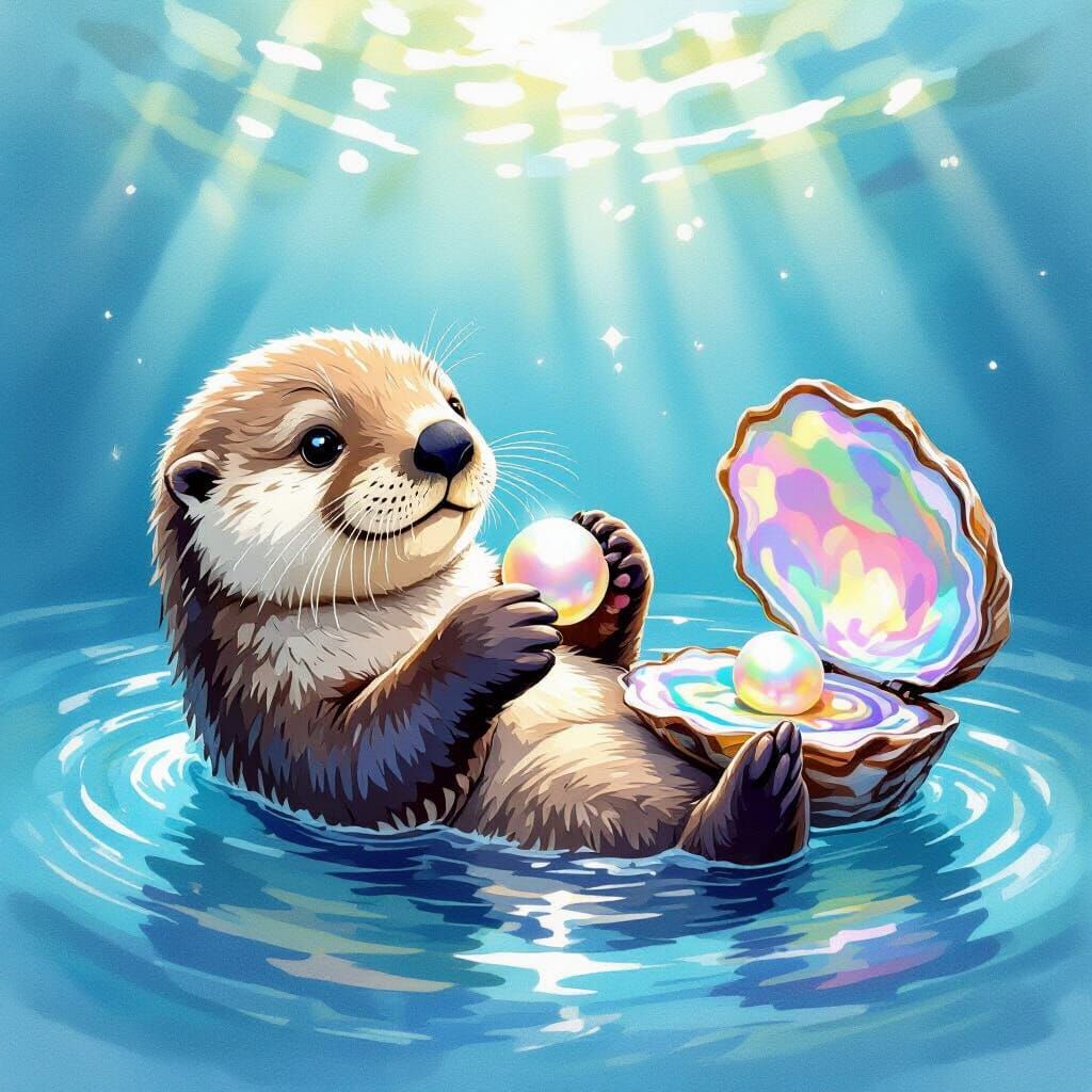Whimsical Otter Holds Pearl in Watercolor Ocean Scene