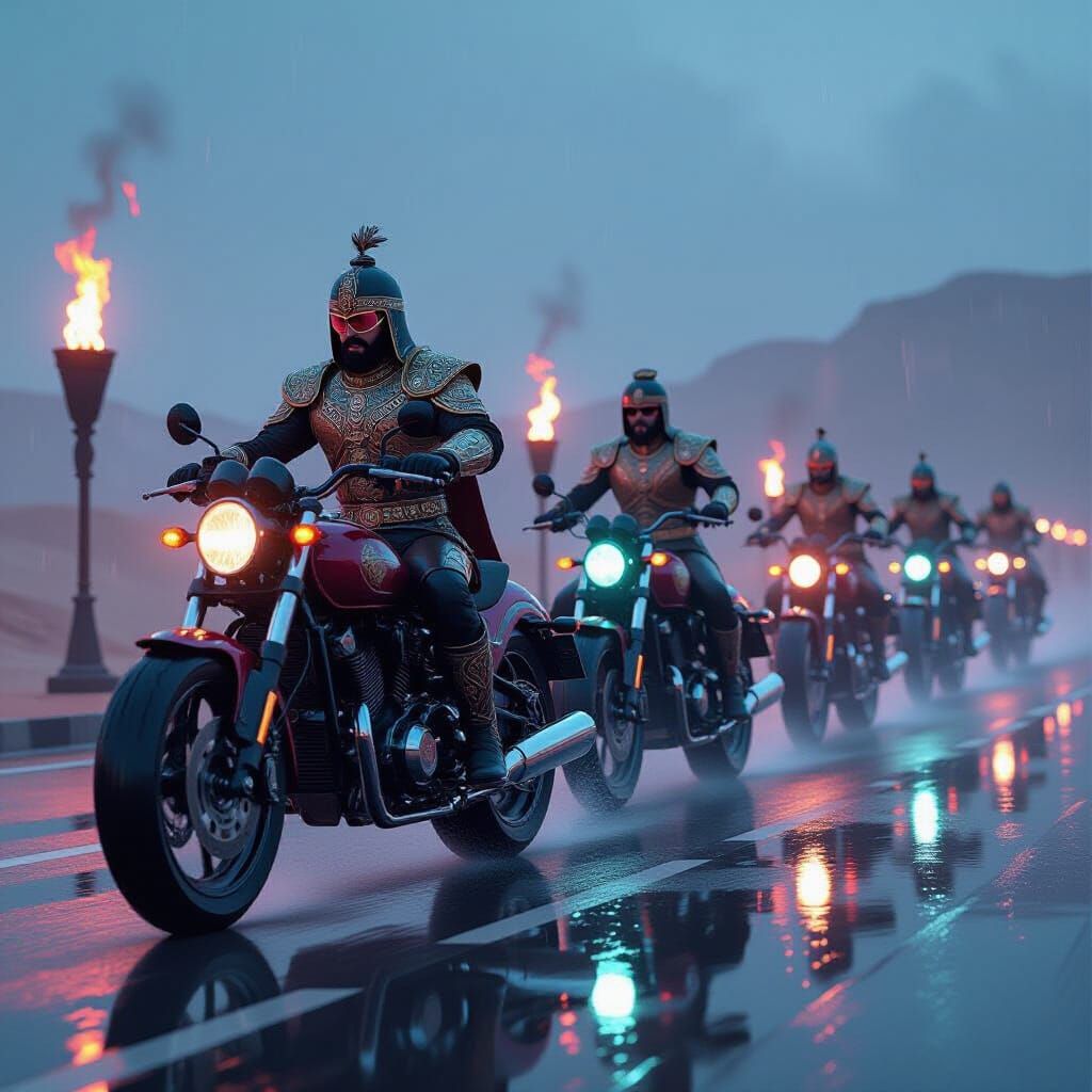 Mughal Warriors Ride Futuristic Bikes in Cyberpunk Desert
