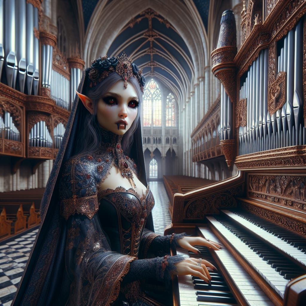 Gothic Vampire Plays Organ in Majestic Cathedral