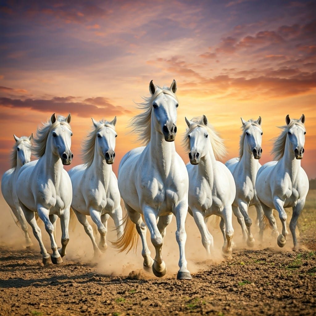 Seven White Horses Galloping Towards the Camera