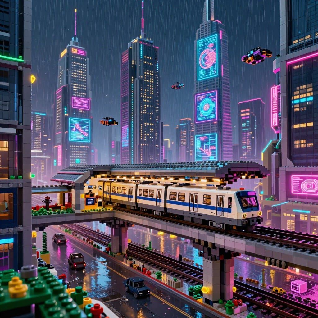 Lego Cyberpunk City with Neon Architecture and Flying Cars