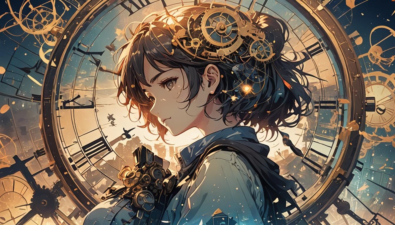Surreal Double Exposure Clock in Anime Style