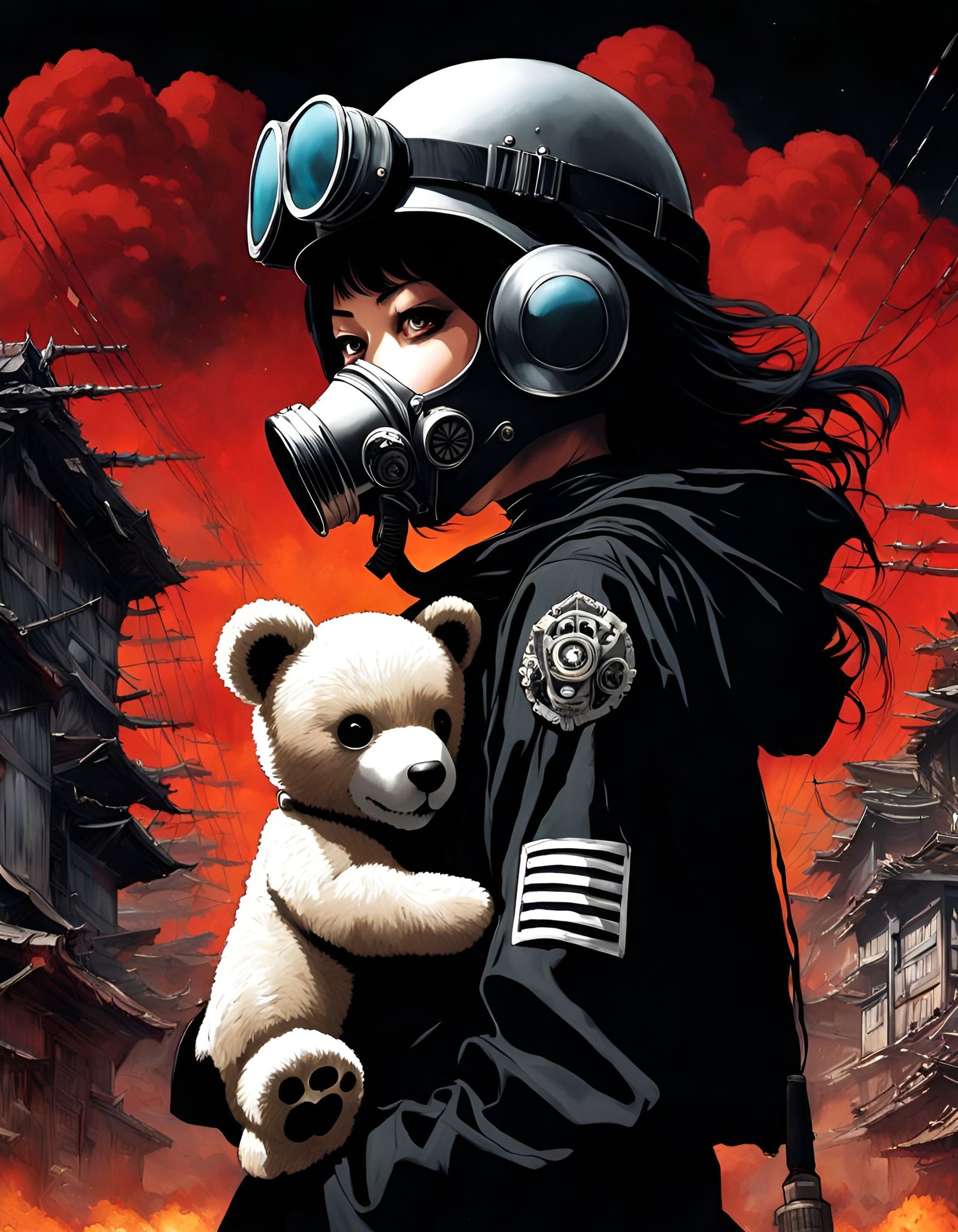 Girl in Gas Mask with Teddy Bear in Anime Style