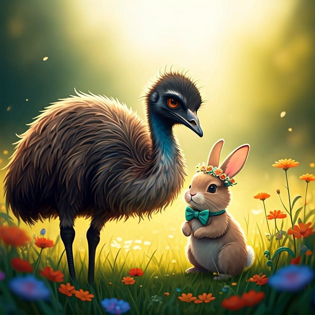 Whimsical Watercolor Emu and Bunny in Lush Meadow