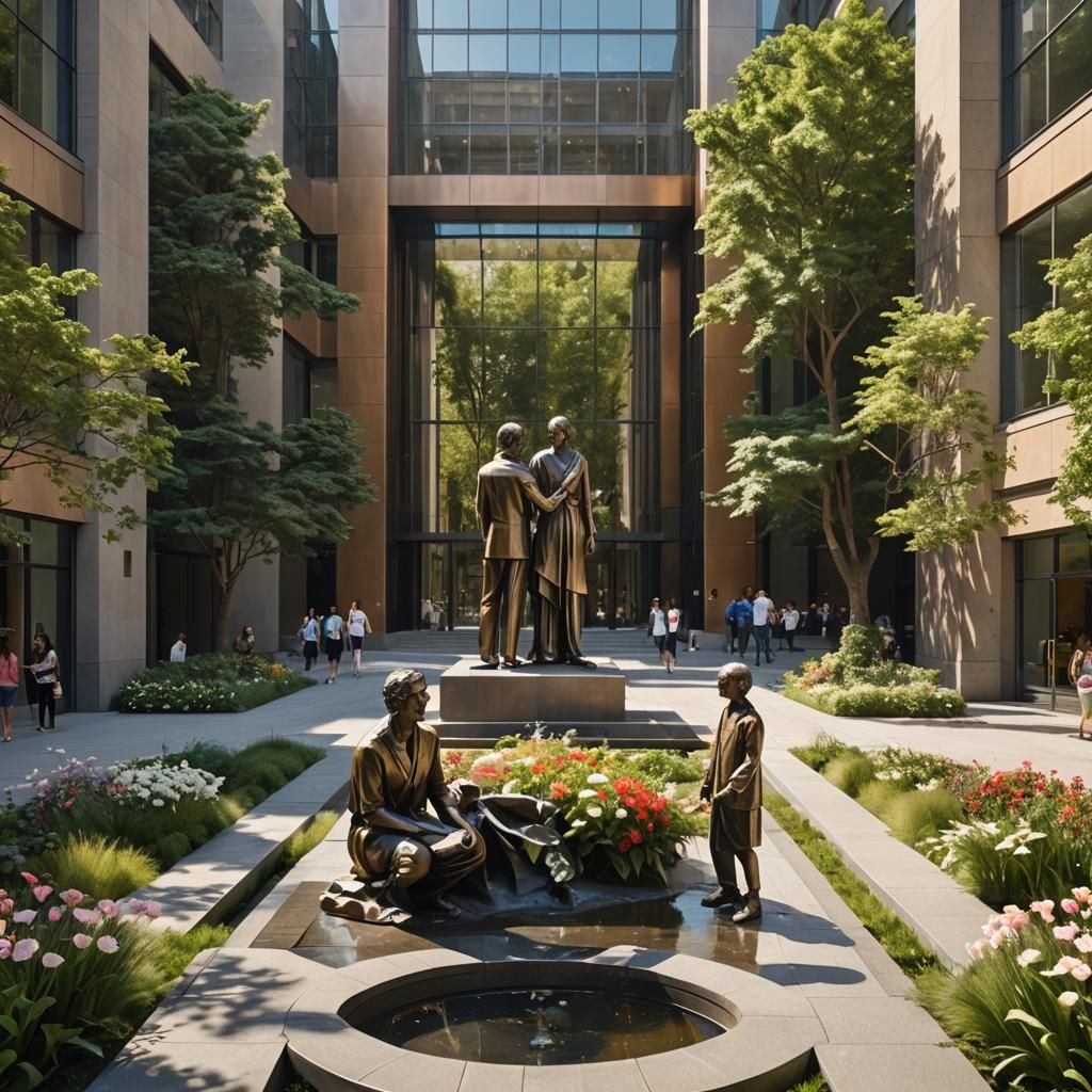 Sunlit Modern Building with Family Statue in Plaza