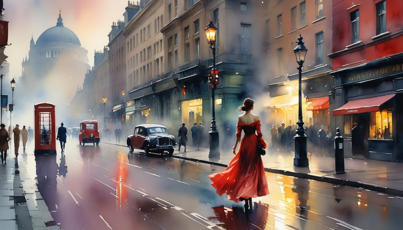 Art Nouveau Woman in Red Dress, London Street