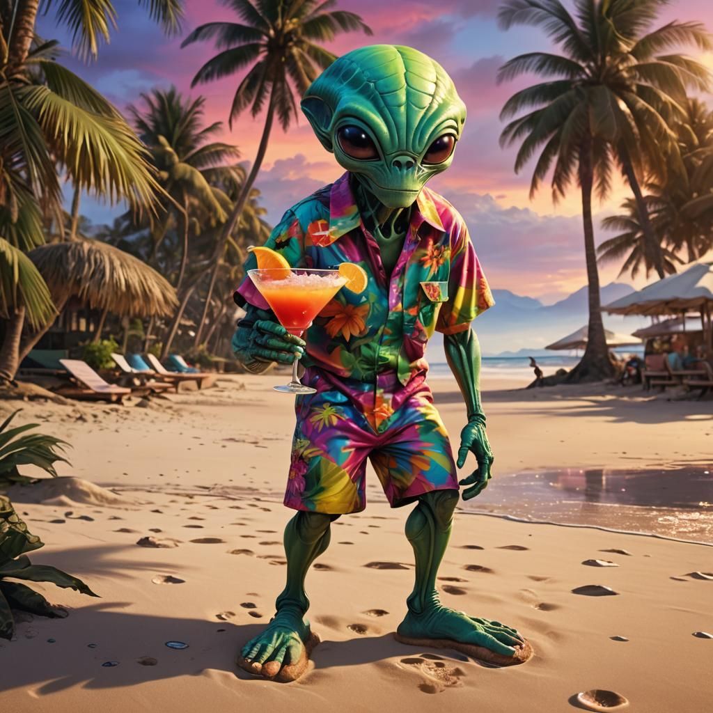 Alien on Beach with Cocktail: Fantasy Concept Art